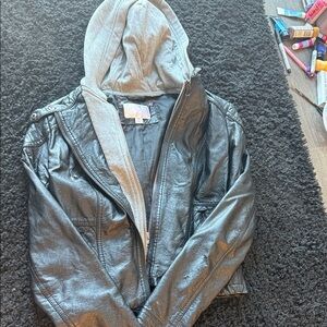 Black Leather Jacket with Gray Hood
